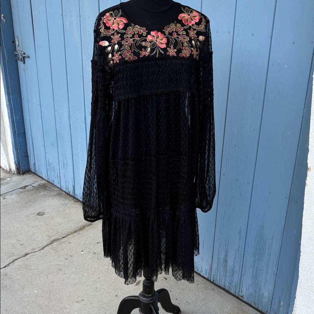 Maeve Black Dress with Pink and Gold Floral Embroidery